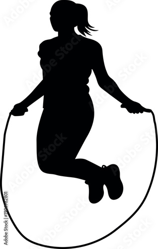 Silhouette of a woman mid jump while skipping rope isolated on white