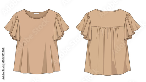 Technical flat drawing of a flowing women's blouse with delicate ruffle sleeves and gathered back detail, showcasing modern apparel design concepts