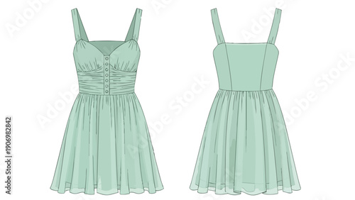 Fashion technical drawing of a mint green sleeveless dress, showing buttoned front bodice and flowing skirt, plus its simple back for designs