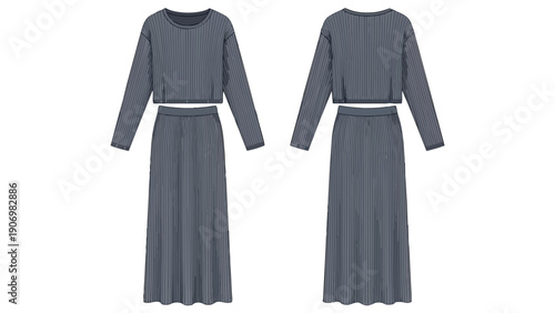 Elegant charcoal ribbed two-piece outfit featuring a chic long-sleeved crop top paired with a flowing ankle-length pleated skirt perfect for modern