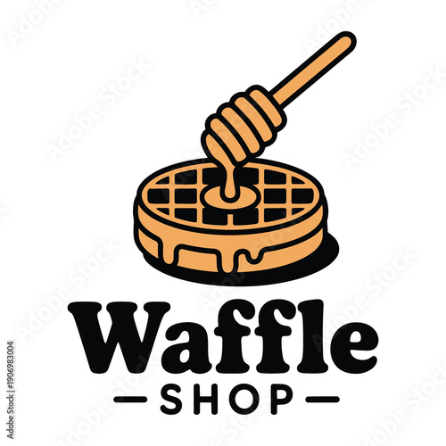 Waffle shop logo with honey dipper on top of waffle icon