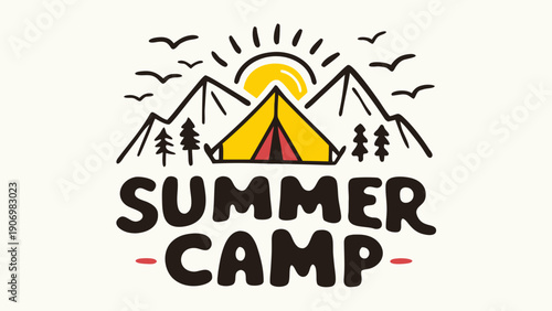 Hand drawn summer camp emblem with tent mountains sun and trees