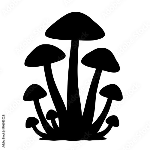 Cluster of stylized black mushrooms growing in a grassy field under a light sky.