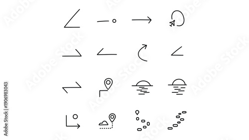 Navigational Icons: A collection of simple navigational icons, depicting directions, locations, and journey elements in clean lines and minimalist design.