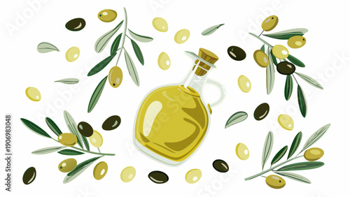 Golden olive oil bottle with leaves and olives on white background