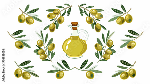 Olive oil bottle surrounded by green olives and leaves