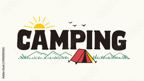 Camping logo with tent sun and mountains for outdoor adventure
