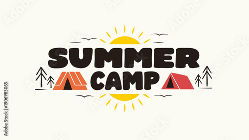 Summer camp logo with tent and sun illustration for outdoor adventure programs