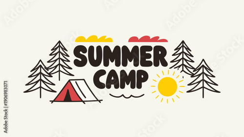 Hand drawn summer camp logo with tent trees sun and clouds