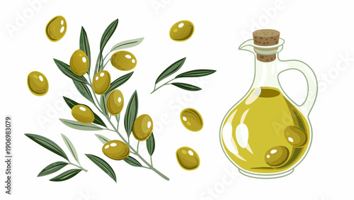 Olive oil bottle with olives and leaves on white background