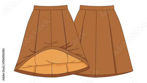 Stylized technical illustration of a warm brown pleated skirt, displaying outer fabric and inner lining. Perfect for garment design and pattern
