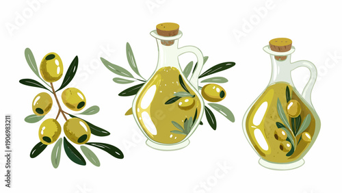 Elegant olive oil bottles with olives and leaves on white background