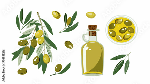 Olive oil bottle with green olives and leaves on white background illustration