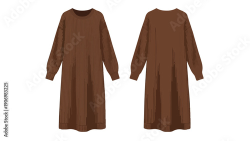 Elegant brown knitted sweater dress with long sleeves and a midi length, showcased from front and back for fashion design and apparel mockups and