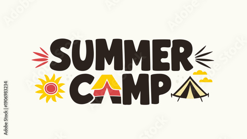 Summer camp hand drawn typography logo with tent and sun elements