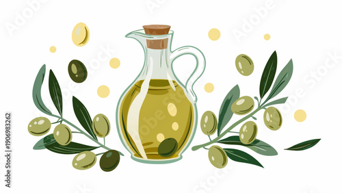 Glass jug of extra virgin olive oil with olives and leaves on white background