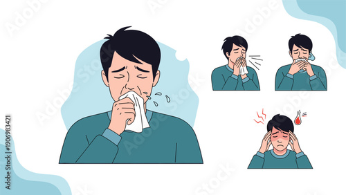 Young man suffering from seasonal flu symptoms blows his nose with a tissue and holds his head in pain and fatigue.