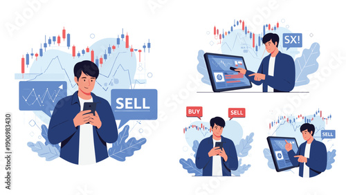 Young man uses a smartphone to manage stock market trades with digital buy and sell indicators and growth charts.