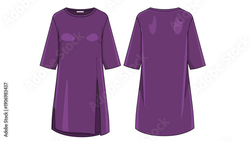 Detailed vector illustration of a contemporary purple midi tunic dress flat technical sketch, showcasing both front and back views, ideal for