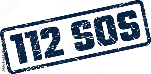 Grungy rectangular stamp displaying the emergency signal SOS alongside the number 112, for urgent situations