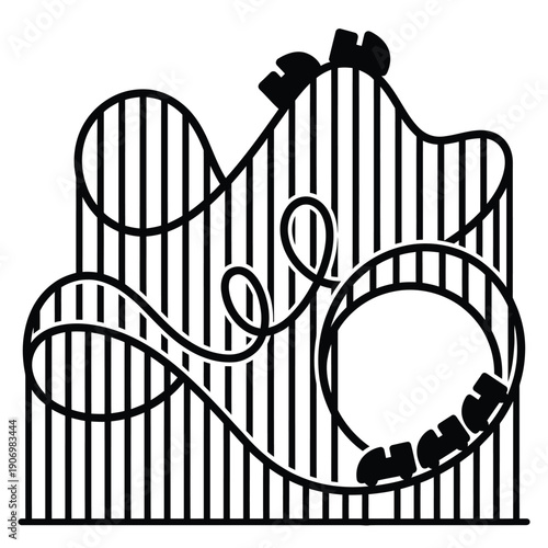 Black and white illustration of a stylized rollercoaster design