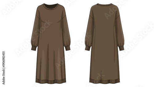 A versatile and comfortable long-sleeve midi dress in a neutral earthy tone presented as a detailed technical flat illustration for contemporary