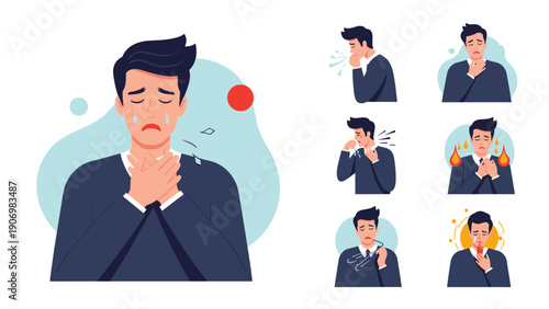 Male character demonstrates various physical symptoms of illness including crying, coughing, fever, and exhaustion.