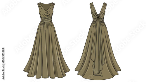 Elegant formal dress design illustration with a graceful V-neckline and beautifully draped floor-length skirt, perfect for sophisticated evening