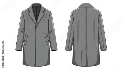 Flat technical drawing of a stylish men's long gray overcoat showing front and back views for fashion design purposes