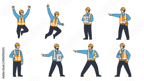 Collection of male construction workers in safety vests and hard hats shown in various active poses like jumping, pointing, and working.