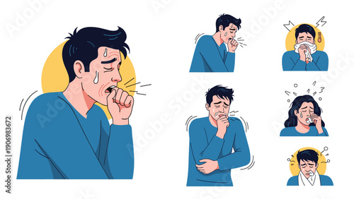 Detailed set of character illustrations showing a man and woman experiencing various flu and cold symptoms like coughing, sneezing, and fever.
