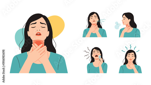 Illustration set of a young woman experiencing symptoms of a sore throat, coughing, and other common signs of illness for health awareness.