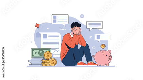 Stressed man sits on the floor surrounded by money, a piggy bank, and financial documents reflecting economic trouble.