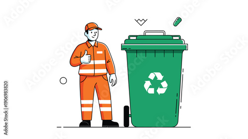 Sanitation worker in orange safety clothing gives a thumbs up while standing next to a large green recycling wheelie bin.