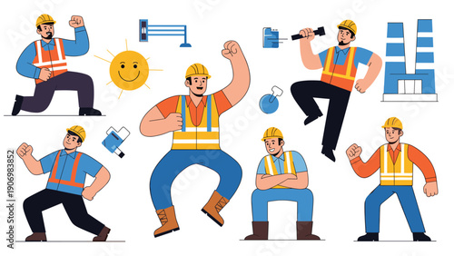 Energetic construction workers in safety vests and helmets celebrate success and work hard in various active poses.