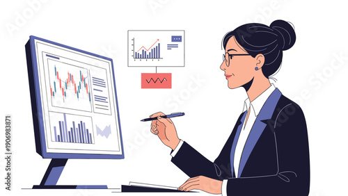 Businesswoman in glasses examines detailed stock market candlestick charts and financial reports on a computer screen.