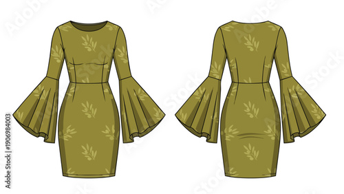 Detailed fashion flat technical drawing of a stylish olive green dress featuring graceful bell sleeves and a delicate botanical leaf motif, front