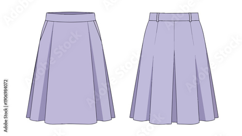 Elegant lavender pleated midi skirt technical drawing showing front and back apparel design flats for modern women's fashion garment creation and