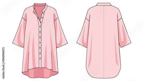 Elegant flat sketch of a blush pink collared tunic featuring wide sleeves and a stylish high-low hem design.