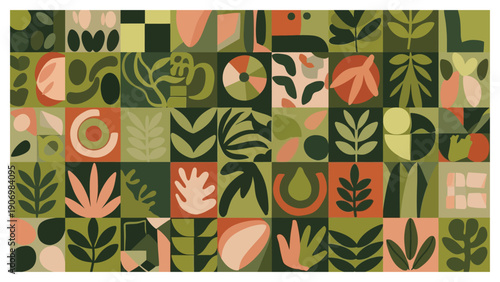 Vibrant patchwork of leaves and shapes in earthy tones