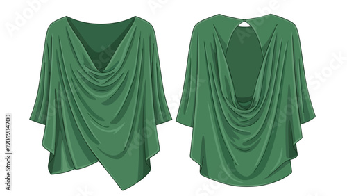 Elegant emerald green draped top showcasing a sophisticated cowl neckline and a chic open back design perfect for modern apparel illustrations