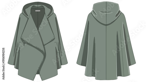 Technical flat sketch of a modern grey hooded cape design presented front and back views a versatile fashion garment illustration for apparel
