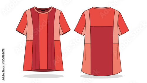 Fashion technical flat sketch showcasing a short-sleeved tunic dress with contemporary color blocking in varying shades of red for stylish apparel