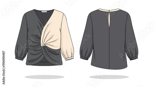 Elegant two-tone women's blouse flat sketch highlighting a V-neck, front twisted detail, and balloon sleeves. Features include detailed front and
