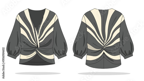 An intricate fashion technical drawing showcasing a modern women's blousetop featuring unique radial stripes and a distinctive knotted front,