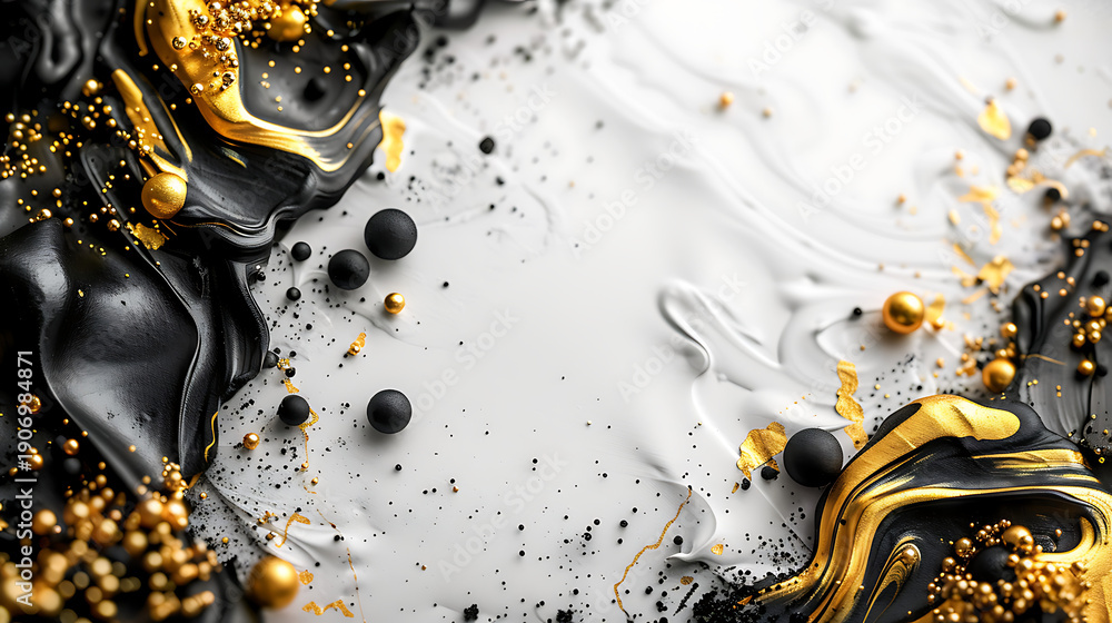 Fototapeta premium Luxury Black and Gold Abstract Swirls with Spheres and Glitter - Dynamic Fluid Art Background