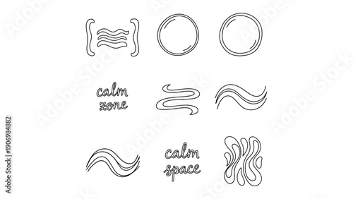 Calm Zone Illustration: Serene black and white illustration of the concept calm zone with minimalist line art. The image explores themes of relaxation and tranquility.