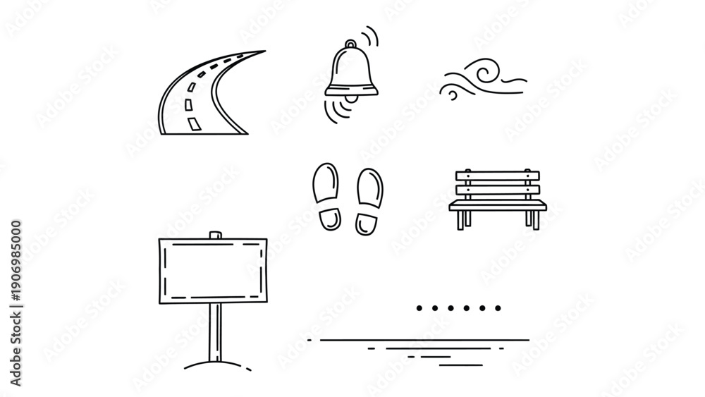 Fototapeta premium Road Signs Icon Set: A comprehensive collection of road signs icons, meticulously crafted with clean lines. Includes a road, a bell, wind, footprints, a bench, a sign board and a ground line.