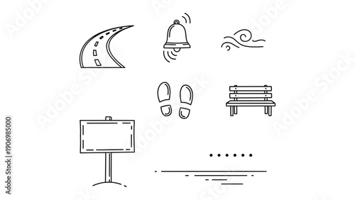 Road Signs Icon Set: A comprehensive collection of road signs icons, meticulously crafted with clean lines. Includes a road, a bell, wind, footprints, a bench, a sign board and a ground line.