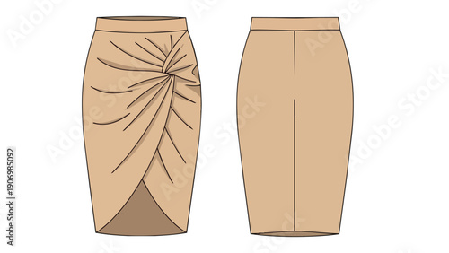 Fashion flat of a women's midi skirt, showcasing a unique twisted front knot with elegant draping, alongside a sleek back view, rendered in a